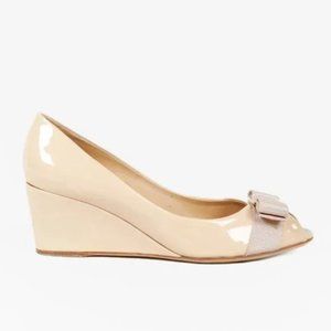 Salvatore Ferragamo Nude Patent Leather Sissi Bow Wedges